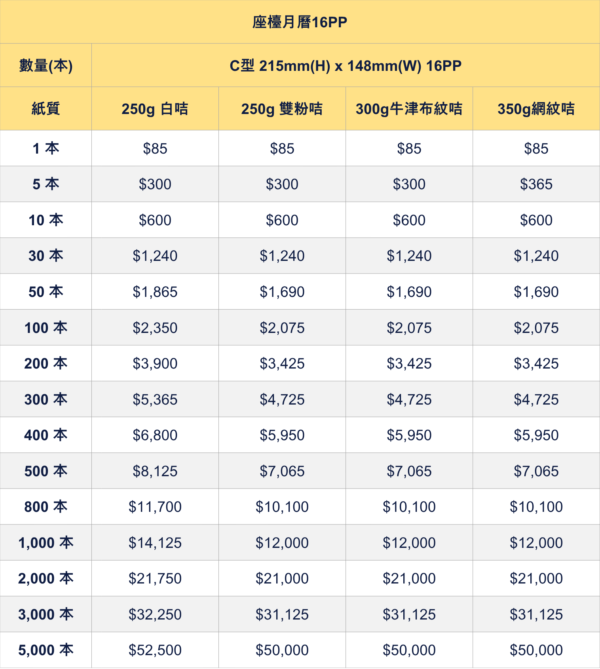 座檯月曆印刷價錢表 企業公司客製化桌曆線圈月曆價格